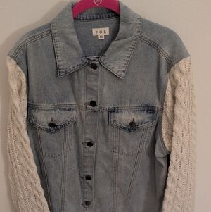 POL Denim Jacket with Cream Knit Sleeves